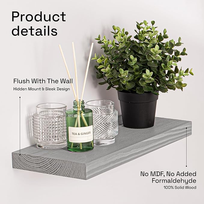 BAOBAB WORKSHOP Wood Floating Shelves for Wall - Rustic Shelf 16 inch - Grey Bathroom Shelves - Solid Wood Shelves for Wall for Bedroom Kitchen Living Room - Gray Finish, 16W × 6.7D, Set of 2