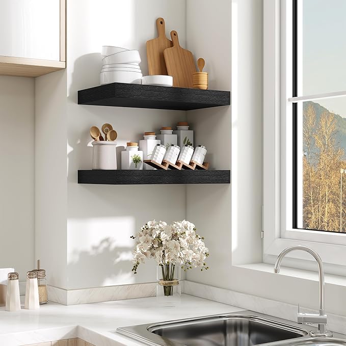 Fun Memories Black Floating Shelves for Wall - 10 x 16 Floating Shelf - Rustic Wood Storage Shelf - Wall Shelves with Invisible Bracket - 16