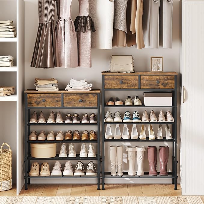 5 Tier Shoe Rack with Adjustable Height (37.4”-44.5”), Shoe Storage Shelf with 2 Non-Woven Drawers, Wooden Shoe Organizer for Entryway, Cloakroom, Rustic Brown and Black SS11BR