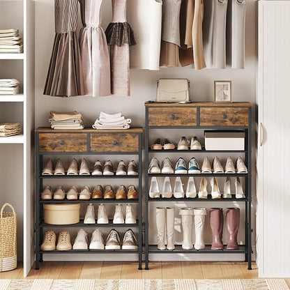 5 Tier Shoe Rack with Adjustable Height (37.4”-44.5”), Shoe Storage Shelf with 2 Non-Woven Drawers, Wooden Shoe Organizer for Entryway, Cloakroom, Rustic Brown and Black SS11BR