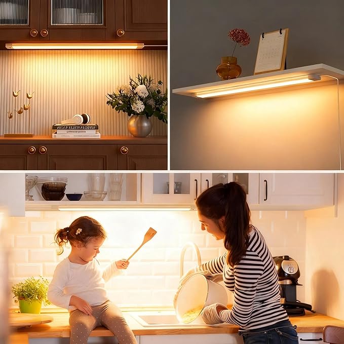 MYPLUS 24 Inch Under Cabinet Lights with Hand Wave, Under Counter Lighting 3000K Warm White,Dimmable,Plug and Play,LED Lights for Kitchen Cabinet, Cupboard, Closet, Desk