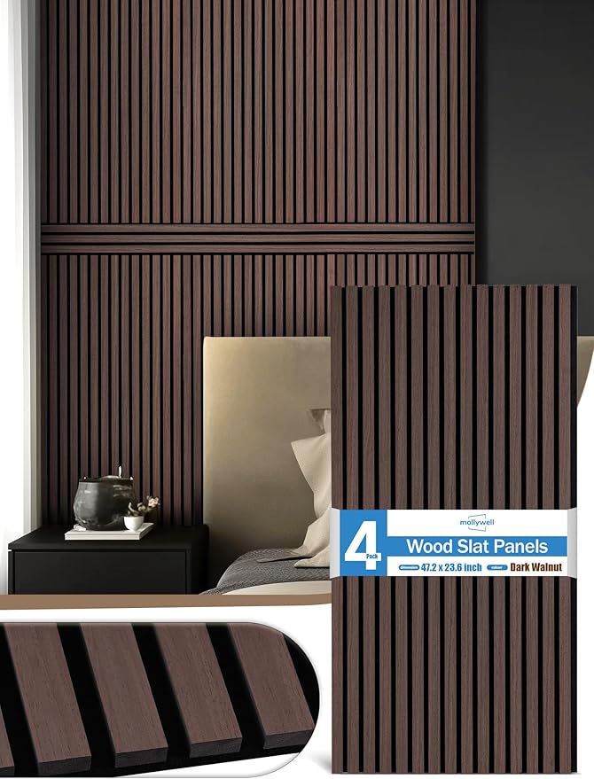 Mollywell Wood Panels for Wall, Time-Saving Installation, Versatile Wood Slat Wall Decor, Enhanced Acoustic & Sound Proof Fluted Design for Home & Office, 4 Pcs Dark Walnut, 47.2x23.6 Inch