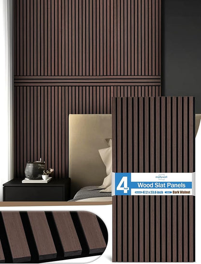Mollywell Wood Panels for Wall, Time-Saving Installation, Versatile Wood Slat Wall Decor, Enhanced Acoustic & Sound Proof Fluted Design for Home & Office, 4 Pcs Dark Walnut, 47.2x23.6 Inch