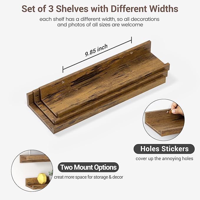 Axeman Picture Ledge Shelf | 16 Inch Brown Floating Shelves Set of 3 | Rustic Brown Wood Wall Shelves with Lip | 16