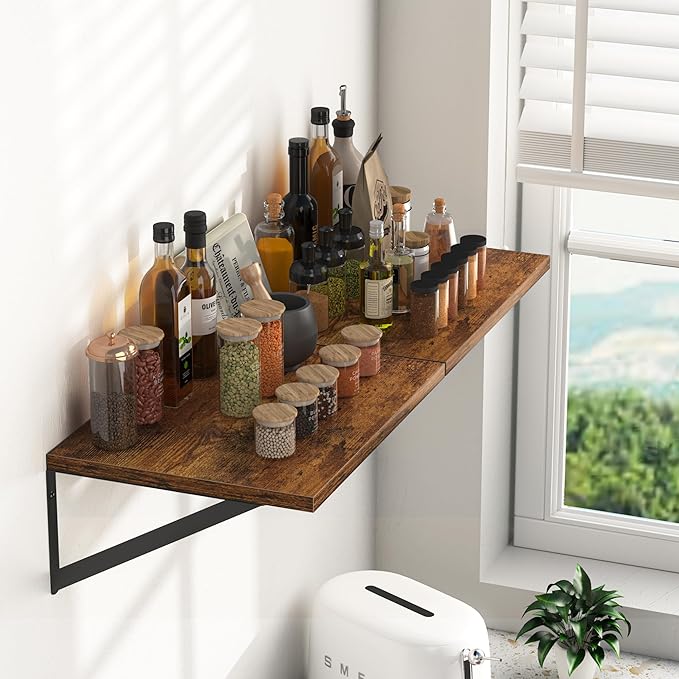 Heimlove Deep Floating Shelves for Wall, 16W x 12D Wood Wall Shelves Set of 2, Wide Floating Bookshelf for Living Room, Kitchen, Office, Bedroom and Decor Storage, with Metal Bracket - Rustic Brown