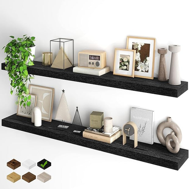 Fun Memories Floating Shelves for Wall, 55Inch Floating Shelves Set of 2, Hanging Shelf with Invisible Brackets, Wood Shelves for Living Room, Bedroom, Kitchen, Black