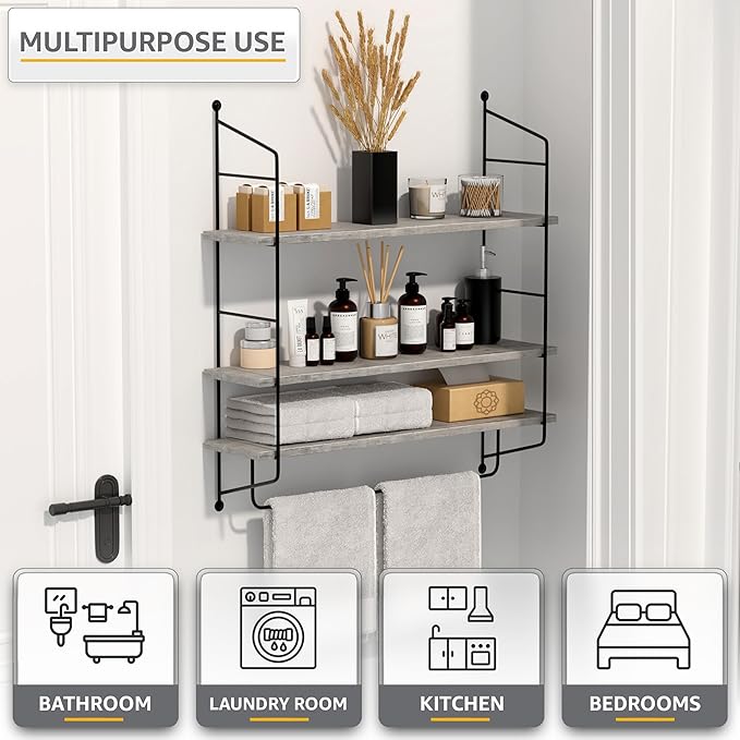 Sorbus 3-Tier Floating Bathroom Shelves for Wall - Wood Wall Storage for Towels, Over The Toilet Storage Cabinet, Gaming Floating Shelves, Bathroom Accessories, and Home Decor (Gray)
