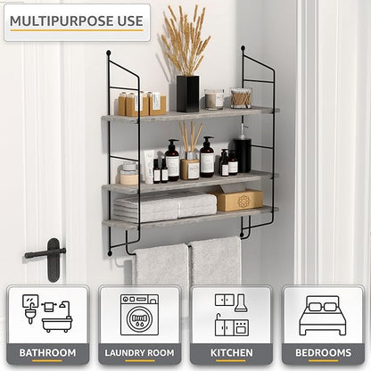 Sorbus 3-Tier Floating Bathroom Shelves for Wall - Wood Wall Storage for Towels, Over The Toilet Storage Cabinet, Gaming Floating Shelves, Bathroom Accessories, and Home Decor (Gray)