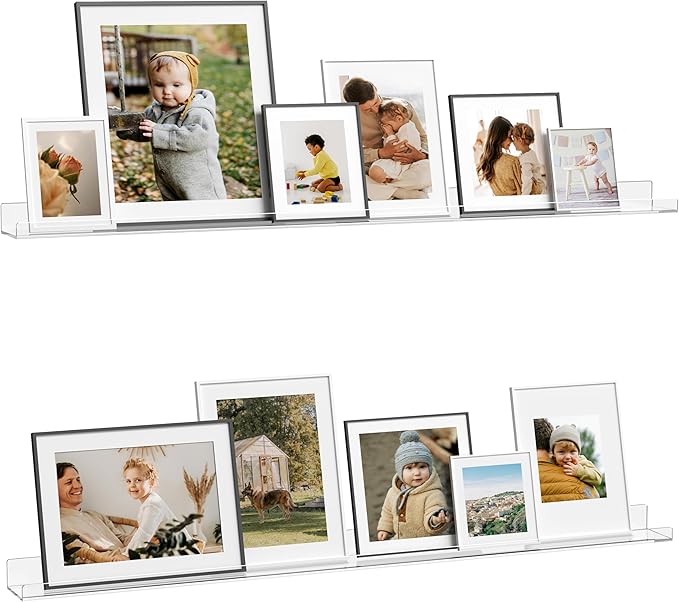 48 Inches Clear Acrylic Floating Shelves Wall, Bookshelf for Kids, Nursery Book Shelves, Magazine Rack, Picture Ledge Shelf for Photo Frames Vinyl Records, Pack of 2