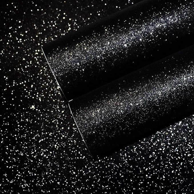 CHIHUT Glitter Black Wallpaper 15.7''x100'' Peel and Stick Wallpaper Self Adhesive Removable Black Glitter Wallpaper Stick and Peel for Bedroom Walls Fabric Contact Paper for Cabinets Drawer Dresser