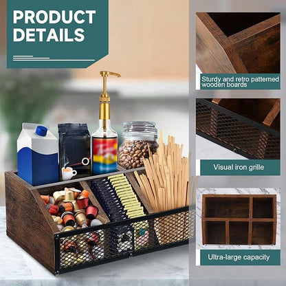 Coffee Station Organizer for Countertop, All in One No Assembly Wood Coffee Creamer Bar Holder with Iron Mesh, Office Tea Bar Accessories Gift for New Home Birthday(Dark Brown,Classical)