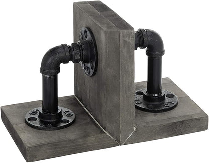 MyGift Book Ends Decorative for Shelves, Office Bookends for Heavy Books, Book Holder L-Shaped Stand Desktop, Vintage Gray Wood with Realistic Industrial Pipe Design