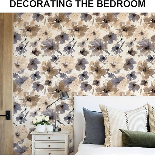 Floral Peel and Stick Wallpaper, Purple Watercolor Flower Contact Paper Peel and Stick for Bedroom Bathroom, Brown Vintage Removable Waterproof Self Adhesive Wall Paper 393"X17.3"(48.5 sq.ft)