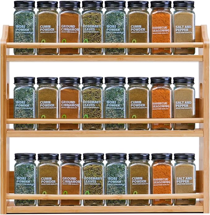 Bamboo Spice Rack Organizer, 3 Tier Spice Jars Storage Rack with Handles, Seasoning Shelf for Kitchen Counter or Wall