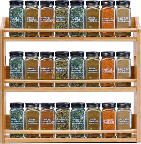 Bamboo Spice Rack Organizer, 3 Tier Spice Jars Storage Rack with Handles, Seasoning Shelf for Kitchen Counter or Wall