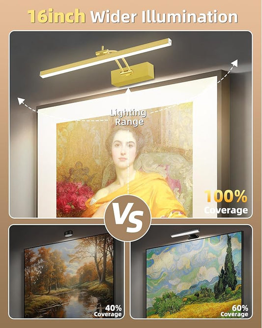 4Pack Rechargeable Picture Light, 5200mAh Brass Battery Operated Picture Lights for Wall with Remote Control, 300LM 3000K Warm White Light 16" Metal Dimmable Picture Light for Painting & Artwork