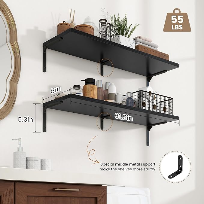 Fun Memories Deep Floating Shelves, 32W x 8D Floating Shelves Set of 2, Wall Mounted Shelf with Metal Brackets, Rustic Wood Wall Shelf for Bathroom, Kitchen and Living Room, Black