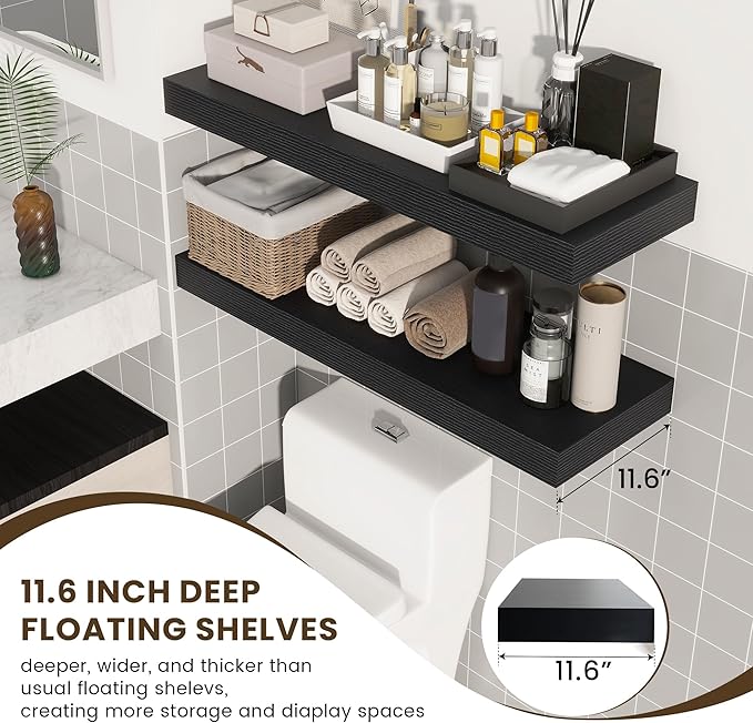 Deep Floating Shelves | 36 Inch Black Floating Shelves Set of 2 | 12 Inch Deep Rustic Wood Shelves for Wall | 36