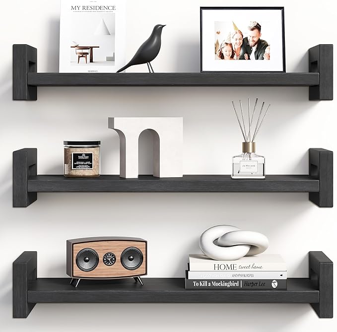 Vailando Floating Shelves for Wall, Set of 3 Solid Wood Wall Mounted Shelves, 16