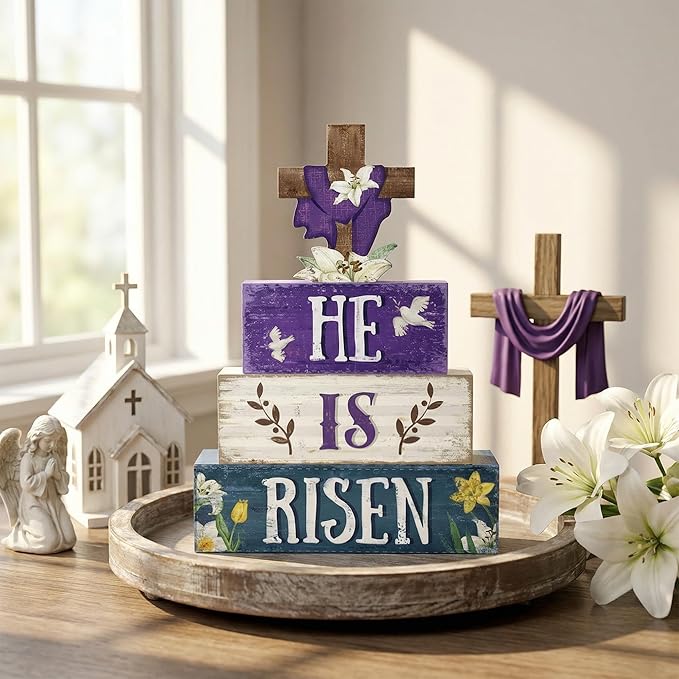 Easter Decorations, 4 Pcs Wooden Easter Table Decorations, He Is Risen Tiered Tray Decor, Wooden Table Sign for Desk Shelf Mantel Coffee Bar, Indoor Home Decor
