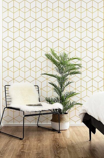 Safiyya 118"x17.3" Peel and Stick Wallpaper Gold and White Contact Paper Geometric Wallpaper Self Adhesive Removable Wallpaper for Walls Covering Vinyl Rolls