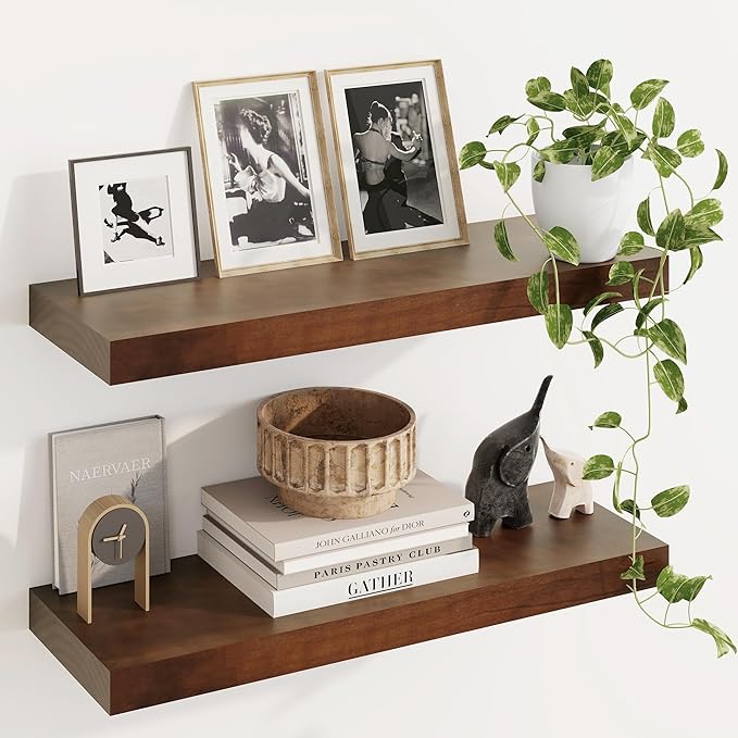 Fun Memories Wood Floating Shelves Set of 2, Rustic Pine Wood Floating Shelves for Wall Mounting, Wide Wall Shelf for Home Decor and Storage, 24" W x 7" D, Walnut