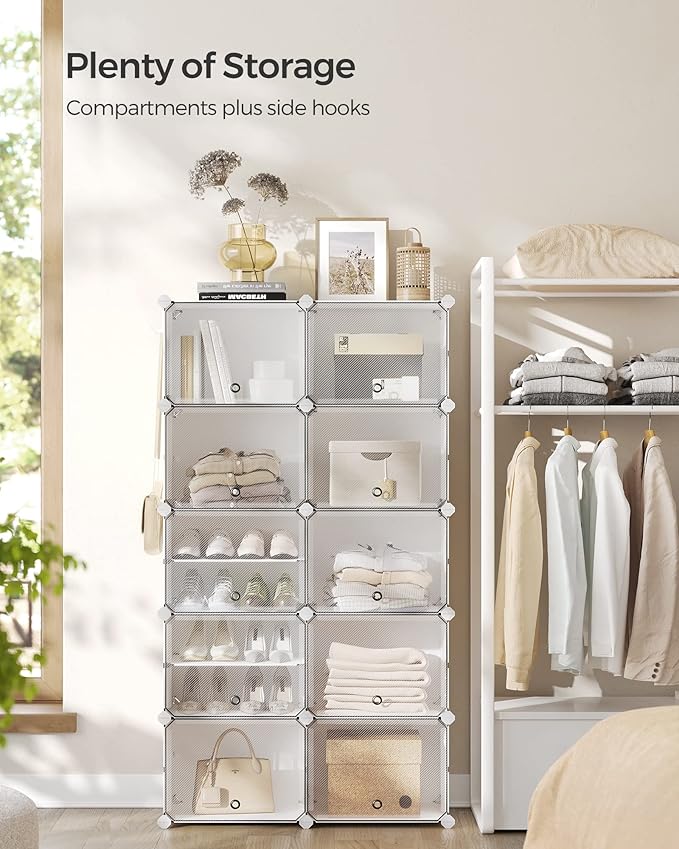 SONGMICS Shoe Rack Organizer, 10-Tier Shoe Storage Cabinet for Closet and Entryway, Holds 40 Pairs of Shoes, Adjustable, Cloud White and Trasparent ULPC035W01