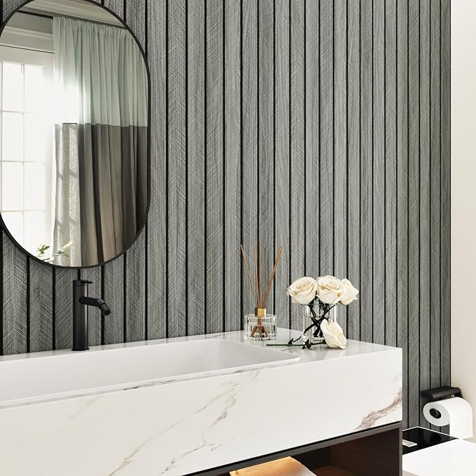 Grey Wood Wall Slat Panels Peel and Stick 3D Fluted Wood Panels for Interior Wall Decor 120" x 12" Self Adhesive Acoustic Wooden Paneling for Bedroom Living Room TV Backgroud Kitchen