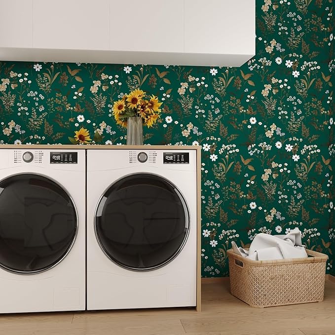 Dark Floral Wallpaper Peel and Stick 17.5in x393in Vintage Green Gold Leaf Wallpaper Vinyl Waterproof Self-Adhesive Boho Botanical Wall Paper Mural for Cabinet Bookcase Bedroom Decor