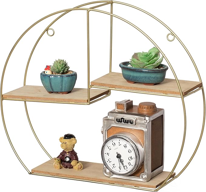 Vintiquewise Elegant 3-Tier Decorative Floating Geometric Arc Wall Shelf - Semi-Circular Metal and Wood Wall-Mounted Shelf for Entryway, Bathroom, Bedroom, and Living Room Decor, Gold Finish
