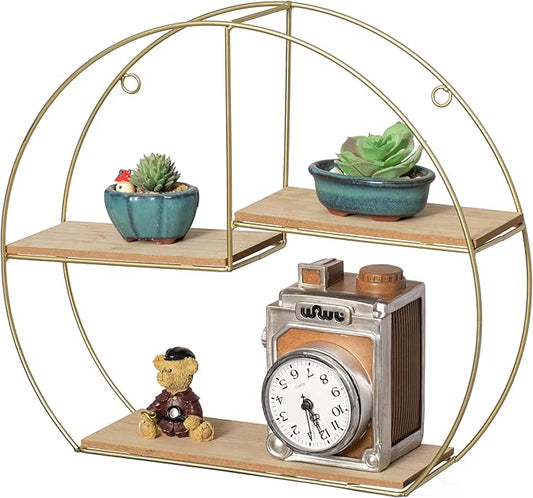 Vintiquewise Elegant 3-Tier Decorative Floating Geometric Arc Wall Shelf - Semi-Circular Metal and Wood Wall-Mounted Shelf for Entryway, Bathroom, Bedroom, and Living Room Decor, Gold Finish