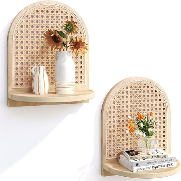 Arched Rattan Wall Shelf - Boho Rattan Floating Shelf with Grooved Edge, Unique Small Display Shelves, Natural Pine Wood Wall Decor for Bedroom, Living Room, Nursery Room, Set of 2, Natural