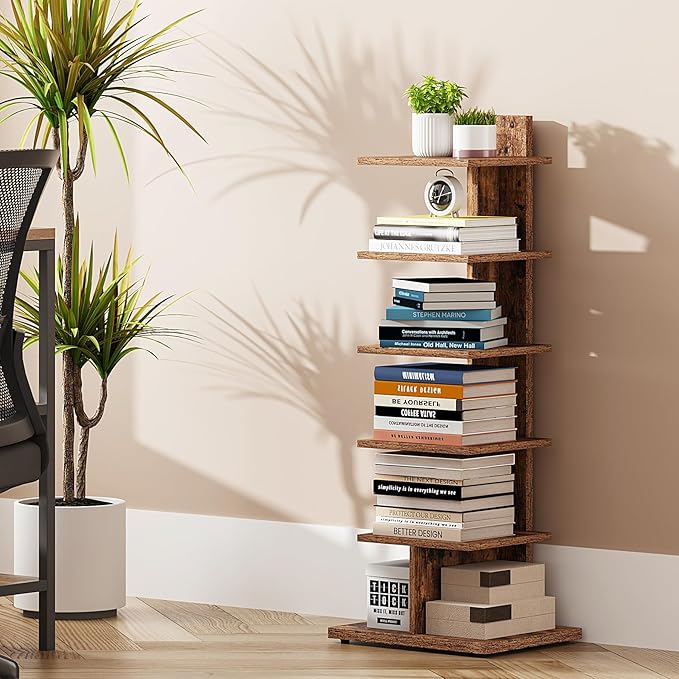 TUTOTAK Narrow Bookshelf, 6-Tier Bookcase, Spine Book Shelf for Small Space, Corner Standing Shelf for Living Room, Office, Study, Entryway, Rustic Brown BS06BB016