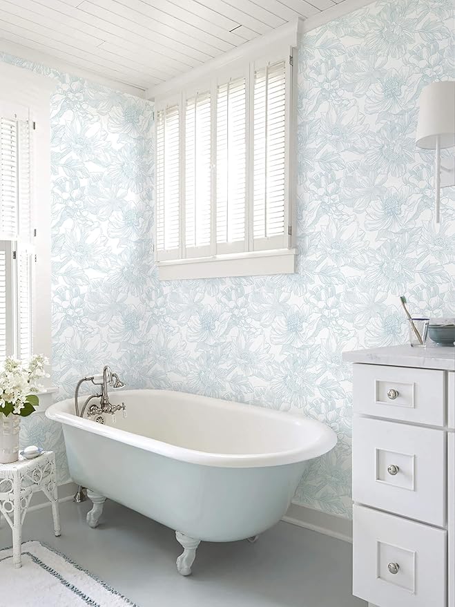 Ismoon Large Floral Peel and Stick Wallpaper Boho White and Blue Contact Paper 17.3inx32.7ft Modern Wall Paper Removable Self Adhesive Vinyl Wallpaper for Bedroom Cabinet Waterproof Mural Wall Decor