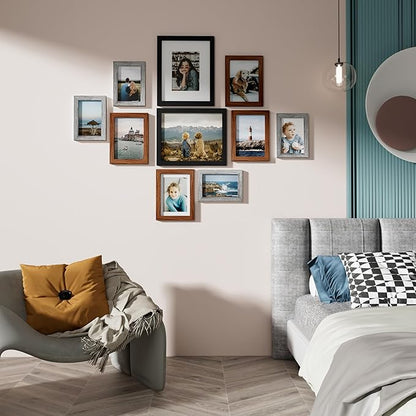 Vittanly 10 Pack Picture Frames, Picture Frames Collage Wall Decor with Two 8x10, Four 5x7 and Four 4x6 Photo Frames, Gallery Wall Frame Set for Wall or Tabletop Display, Black, Walnut Brown and Grey