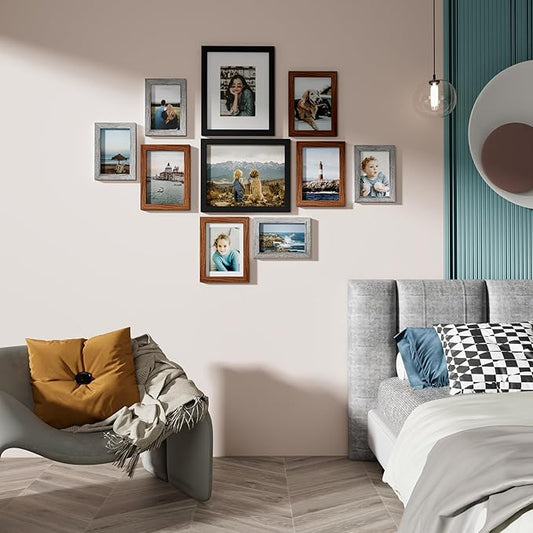 Vittanly 10 Pack Picture Frames, Picture Frames Collage Wall Decor with Two 8x10, Four 5x7 and Four 4x6 Photo Frames, Gallery Wall Frame Set for Wall or Tabletop Display, Black, Walnut Brown and Grey