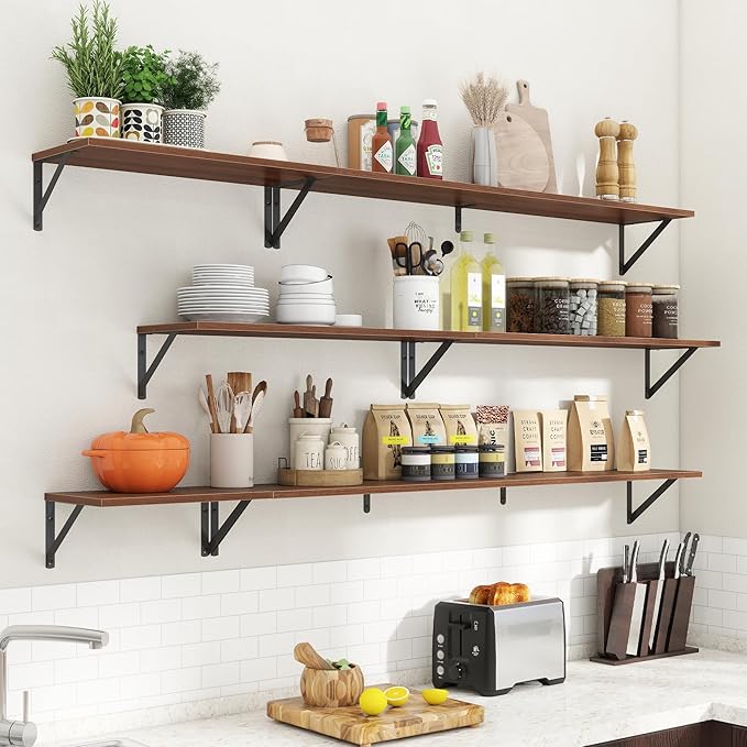 Deep Floating Shelves for Wall,36Wx8D Wall Mounted Shelves Set of 2,Wall Storage Floating Shelf with Sturdy Metal Brackets for Living Room,Bathroom,Kitchen,Office,Walnut