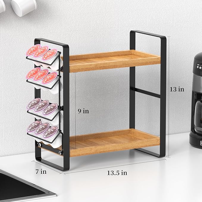 Coffee Station Organizer for Counter,Condiment Storage Caddy for Kitchen,2 Tier Wooden Shelf for Coffee Bar Accessories,Coffee Bar Organizer for Kitchen, Home, Office-Brown