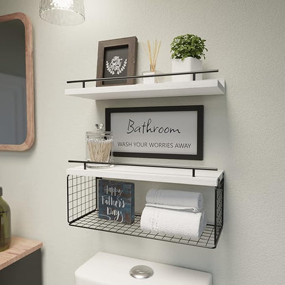 WOPITUES Floating Shelves for Wall Decor Sign, Bathroom Organizer and Storage, Bathroom Shelves Over Toilet with Metal Guardrail-Modern White
