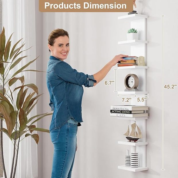 Fun Memories 7 Tier Wall Shelf Unit, White Floating Shelves for Storage - Vertical Column Tower Design, Lack Wall Shelf Space Saving Organizer for Bedroom, Living Room, Home Decor