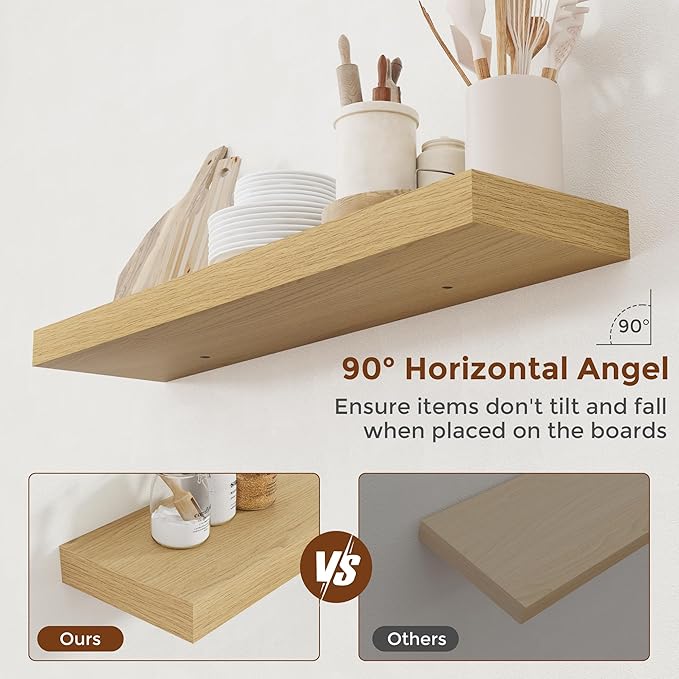 Heimlove 36 Inch Floating Shelves for Wall 8 Inch Deep Oak Shelves Set of 2,Wall Mounted Rustic Wood Long Floating Shelf with Invisible Brackets for Bedroom Kitchen Living Room