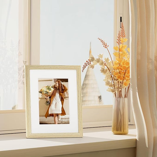 Vittanly 8x10 Picture Frame Set of 4, Display Pictures 5x7 with Mat or 8x10 without Mat, Engineered Wood with Shatter Resistant Plexiglass, Wall Gallery Photo Frames for Wall or Tabletop, Natural