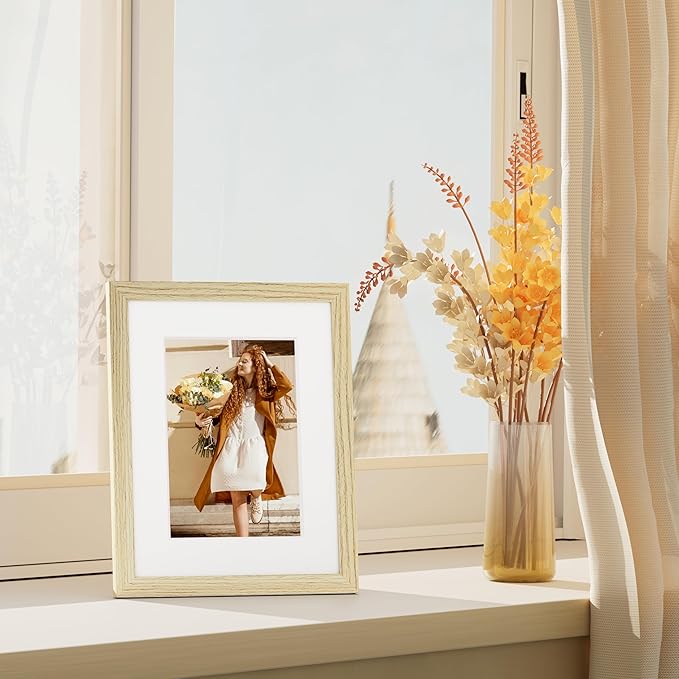 Vittanly 8x10 Picture Frame Set of 4, Display Pictures 5x7 with Mat or 8x10 without Mat, Engineered Wood with Shatter Resistant Plexiglass, Wall Gallery Photo Frames for Wall or Tabletop, Natural