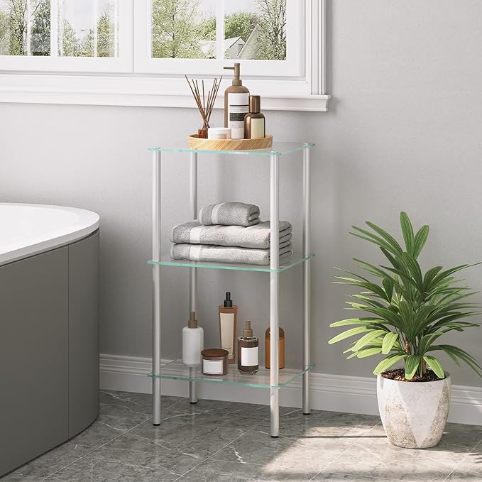 HOOBRO Glass Shelf, 3 Tier Bathroom Standing Shelf Unit, Tempered Glass Shelving Stand for Small Space, Perfume Stand Organizer, Space-Saving, for Bathroom, Bedroom, Steel Frame, Silver SV03CJ01