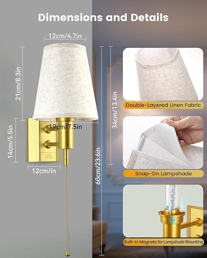 Battery Operated Wall Sconce Lights for Bedroom Set of 2, Wireless Rechargeable LED Wall Lamp with Remote & On/Off Pull Chain, Wall Mount Lighting Fixtures for Living Room, Satin Gold
