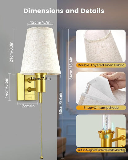 Battery Operated Wall Sconce Lights for Bedroom Set of 2, Wireless Rechargeable LED Wall Lamp with Remote & On/Off Pull Chain, Wall Mount Lighting Fixtures for Living Room, Satin Gold