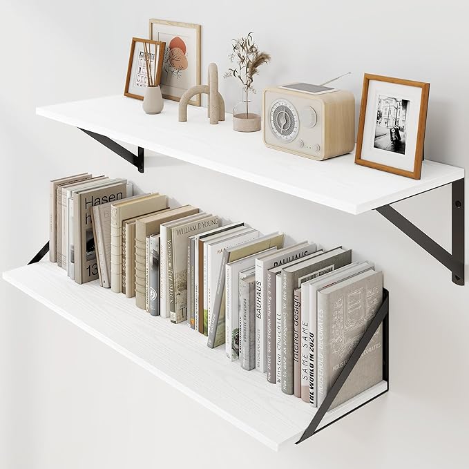 Heimlove White Deep Floating Shelves for Wall, 30W x 8D Wood Wall Shelves Set of 2, Wide Floating Bookshelf for Living Room, Kitchen, Office, Bedroom and Decor Storage, with Black Bracket - White