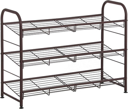 SONGMICS Shoe Rack, 3 Tier Shoe Organizer for Closet, Holds up to 12 Pairs of Shoes, Shoe Rack for Front Door Entrance, Metal Shoe Shelf with Adjustable Tilt Angle, for Entryway, Garage, Bronze