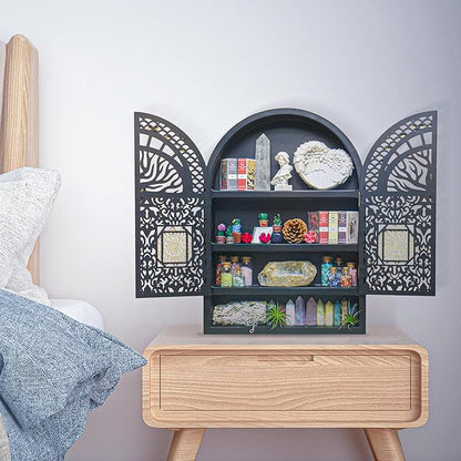 Large Crystal Display Shelf for Wall, Crescent Moon Phase Shelf Wall Decor, Wooden Arch Shelf, Tree of Life Crystal Holder Organizer, Cabinet for Gem Stone Rock, Spiritual Home Room Decor
