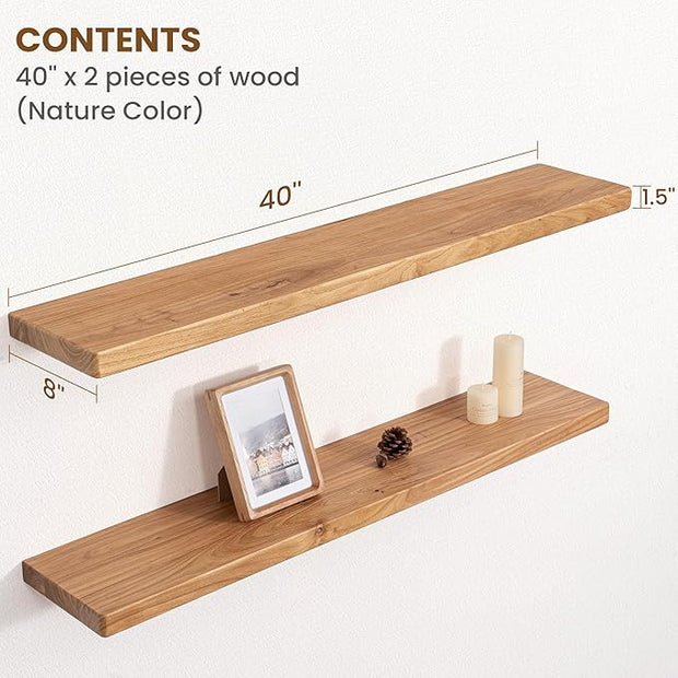 Floating Shelves for Wall, 40"Wx8"D Rustic Solid Elm Wood Floating Shelves Wall Mounted, Round Edge Wall Shelves with Invisible Bracket for Living Room Bathroom Bedroom Kitchen, Set of 2, Natural